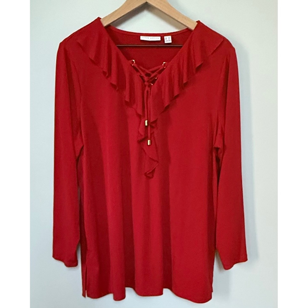 Susan Graver Liquid Knit Ruffle Lace Up V-Neck Top Plus Size 1X Red Long Sleeve